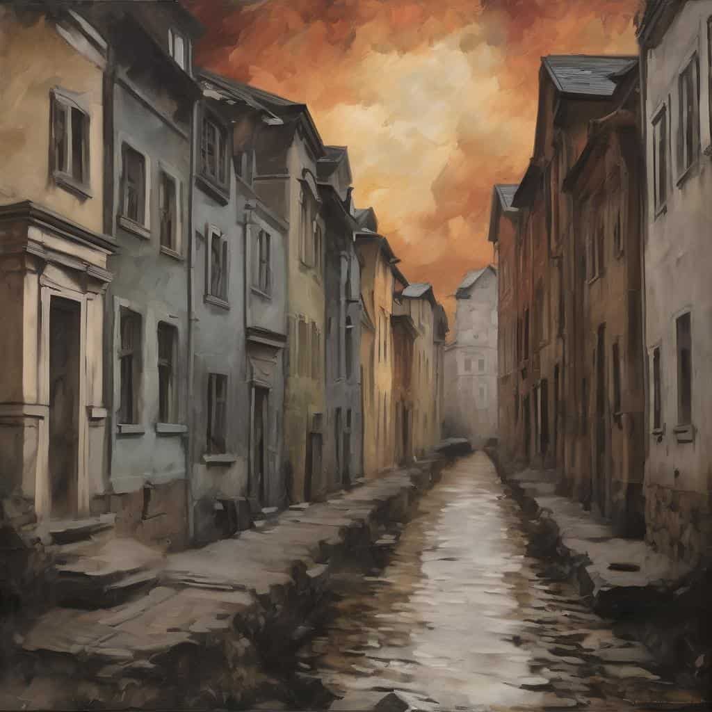 Παράδειγμα μιας παλιάς πόλης με στενούς δρόμους και παραδοσιακά κτίρια, εμπνευσμένο από ταξίδια και καλλιτέχνες, με ζεστά τόνους ουρανού και ρεαλιστική απεικόνιση.