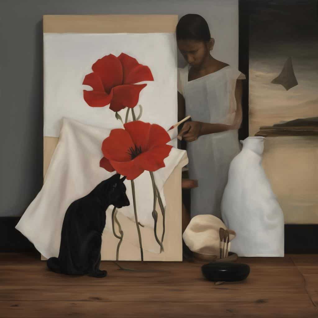 Ζωγράφισμα με κόκκινα λουλούδια και μαύρη γάτα, καλλιτεχνικές δημιουργίες και ταξίδια έμπνευσης, σύγχρονη τέχνη και ακαδημαϊκή πινελιά, διακόσμηση και τέχνη στον χώρο.