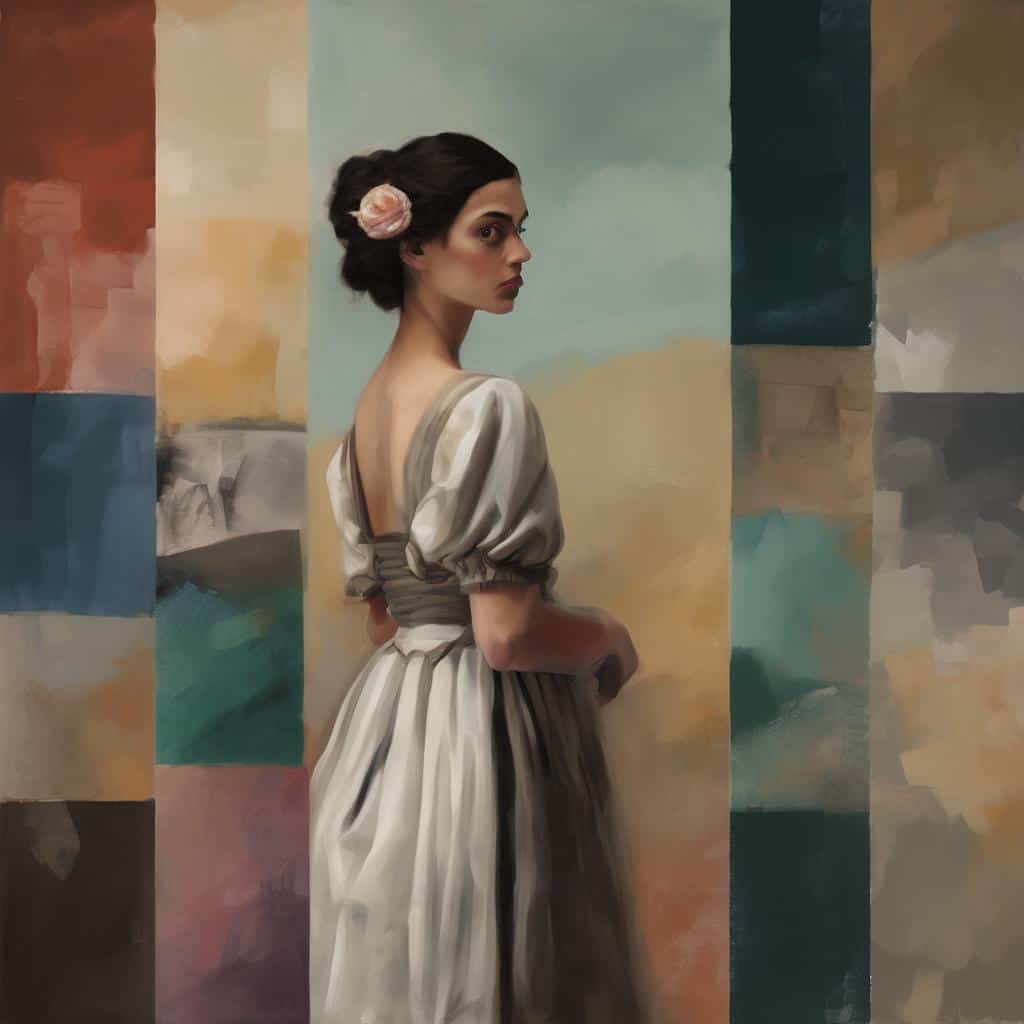 Ζώνη γυναικείας μόδας και τέχνης, πορτραίτο γυναίκας με λουλούδι στα μαλλιά σε καμβά, εμπνευσμένο από καλλιτέχνες και ταξίδια έμπνευσης, τέχνη και πολιτισμός, σύγχρονη ζωγραφική, πορτρέτο ανθρώπου.