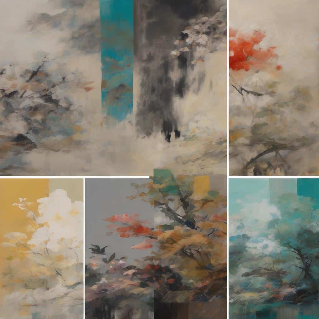 Ζωγραφικά έργα με έμπνευση από ταξίδια και τέχνες, παρουσιάζοντας αφηρημένα τοπία και φυσικά στοιχεία σε διαφορετικά χρώματα και στυλ.