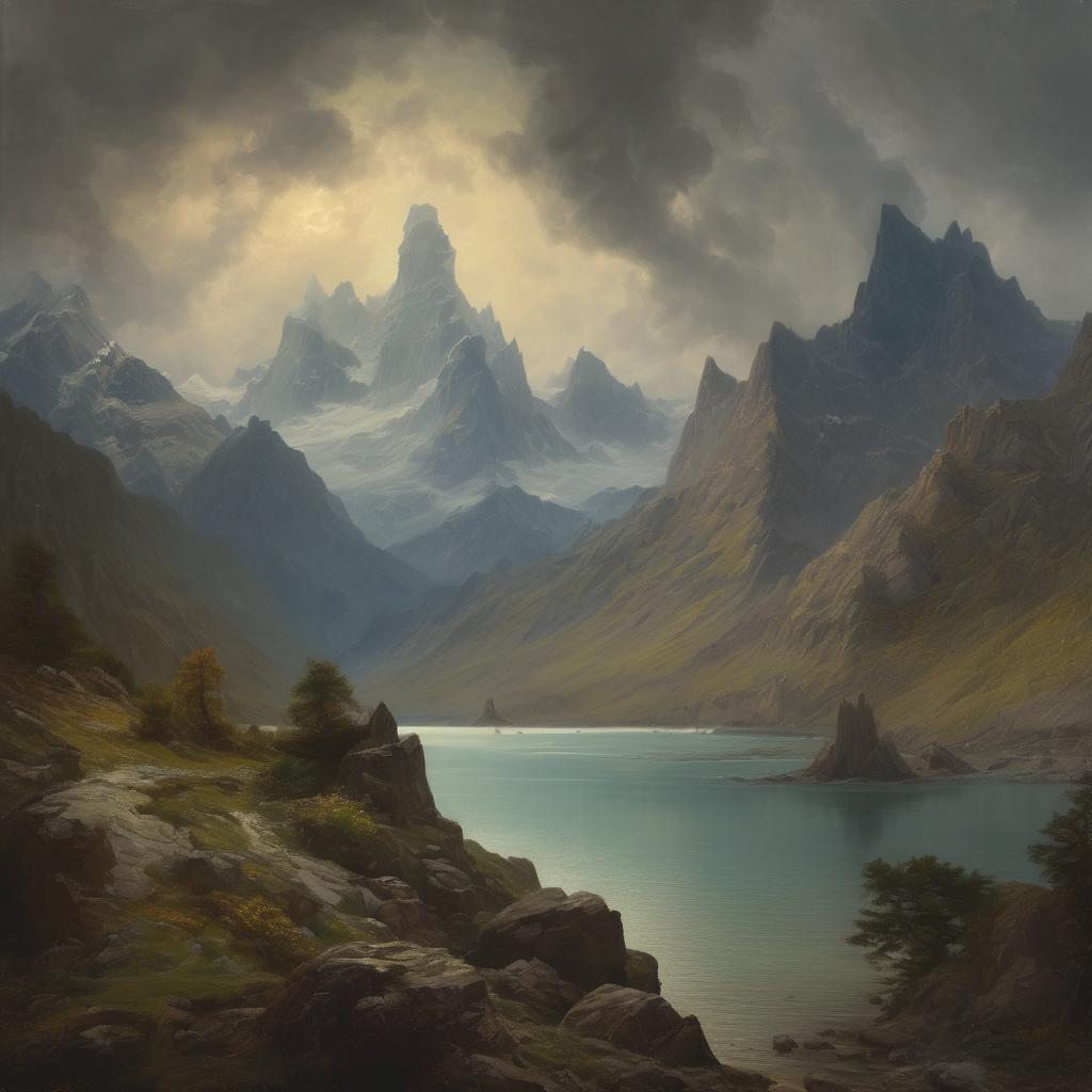 Ουρανοξύστες βουνά και λίμνη σε τοπίο με δραματικό ελαφρύ ουρανό, εμπνευσμένοι καλλιτέχνες και ταξίδια έμπνευσης, δημιουργώντας μαγικές εικόνες φυσικής ομορφιάς και τέχνης.